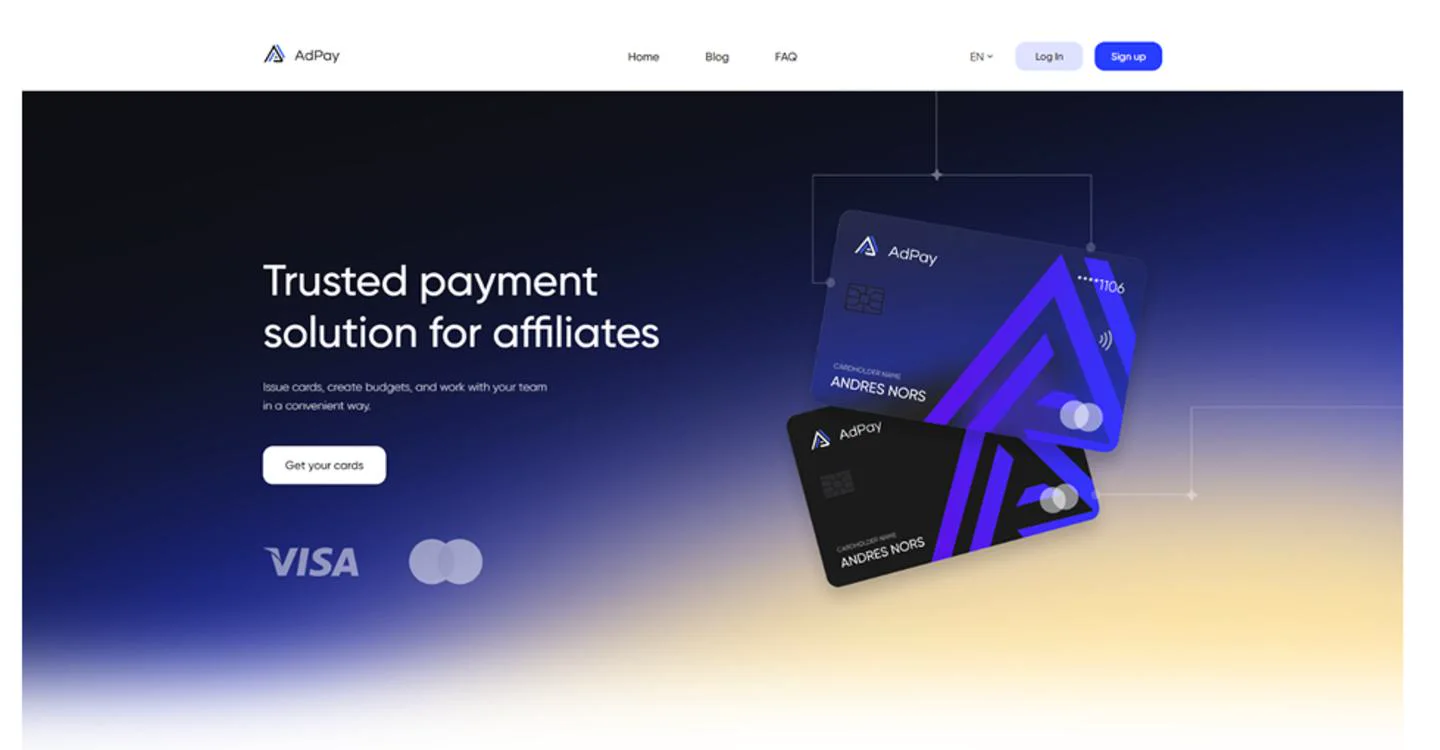 Virtual payment cards platform AdPay, hero screen